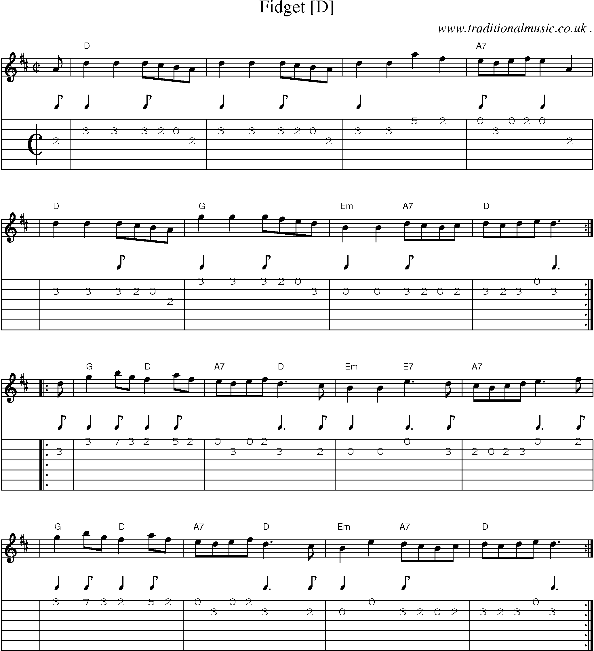 Sheet-music  score, Chords and Guitar Tabs for Fidget [d]